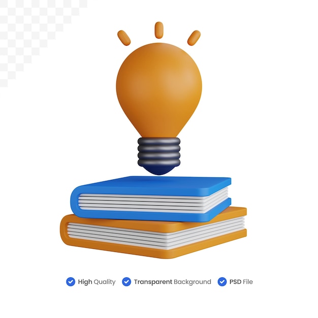 PSD representación 3d de dos libros con lámparas de ideas sobre ellos aislados