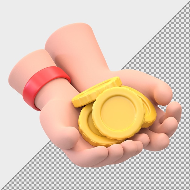 Representación 3D de dos manos con ilustración de monedas de oro
