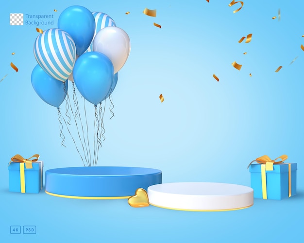 Representación 3D de dos podios globos azules y blancos con regalos para la colocación de productos