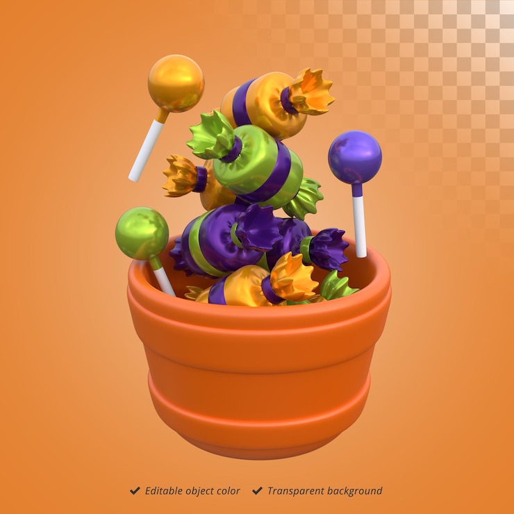 PSD representación 3d de dulces y piruletas en una olla para ilustración de halloween