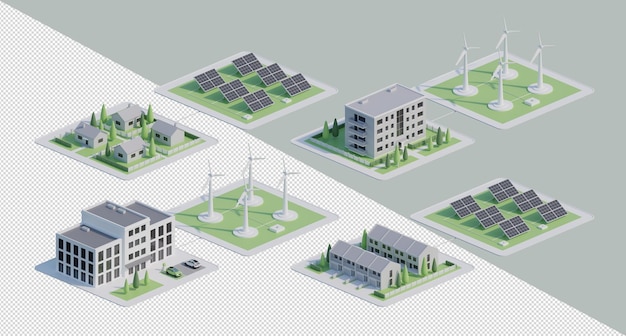 PSD representación 3d de edificios con paneles solares y turbinas eólicas isométricas