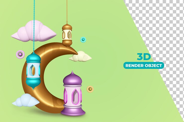 PSD representación 3d de eid alfitr con luna creciente y linterna