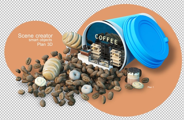 Representación 3D de elementos de cafetería y granos de café.