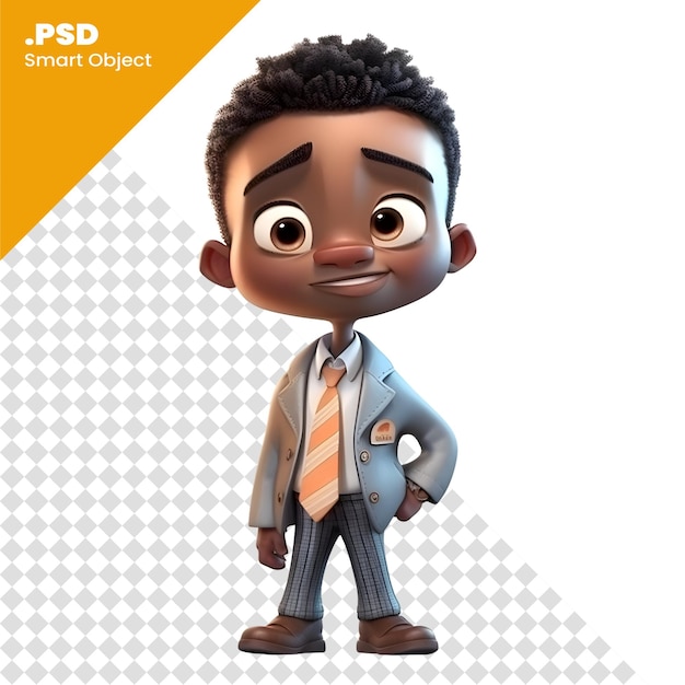 Representación 3D de un empresario afroamericano con una plantilla PSD de fondo blanco