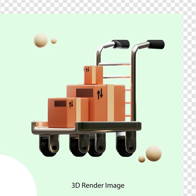 Representación 3d de la entrega de la caja del paquete con carro