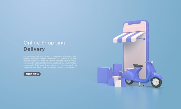 Representación 3d de entrega de compras en línea con móvil