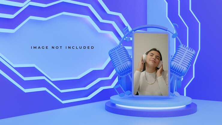PSD representación 3d de la escena azul del teléfono móvil y los auriculares, concepto de maqueta para la aplicación de música en la aplicación