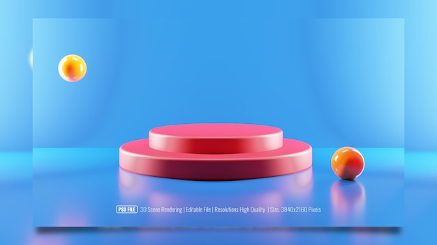 Representación 3D escena podio geométrico moderno color rosa y fondo de color azul