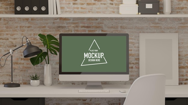 Representación 3D de espacio de trabajo moderno con suministros y decoraciones para lámparas de computadora