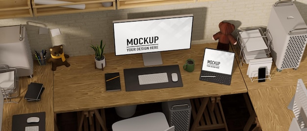 Representación 3d del espacio de trabajo de la oficina con pantallas de maquetas de computadora