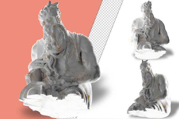 Representación 3d de la estatua de moisés en oro de mármol perfecto para materiales promocionales de redes sociales de sitios web