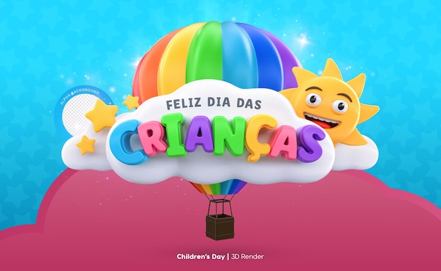 PSD representación 3d de la etiqueta del día del niño feliz en portugués para la celebración brasileña