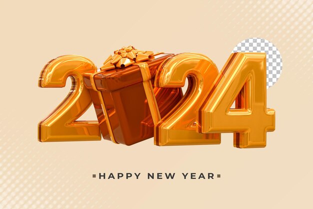 Representación 3d Feliz año nuevo 2024 plantilla de diseño de banner con efecto de texto 3d dorado