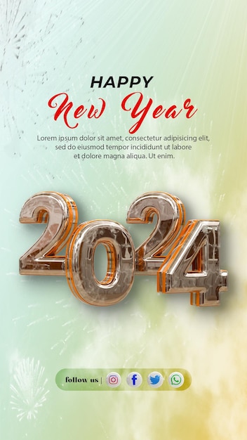 PSD representación 3d feliz año nuevo 2024 plantilla de diseño de banner con efecto de texto 3d dorado