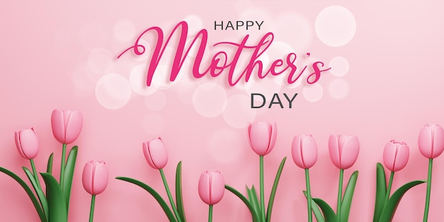 Representación 3d Feliz día de la madre ilustración flor de tulipán rosa y bokeh sobre fondo rosa