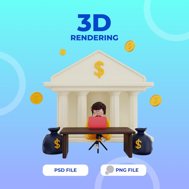 PSD representación 3d finanzas mujer personaje sentarse en silla ilustración objeto premium psd