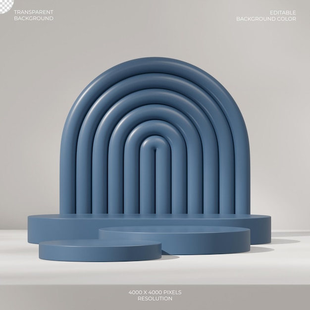 Representación 3D de fondo transparente de un podio cilíndrico de color azul en cuadrado con fondo de arco