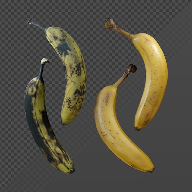 Representación 3d de fruta de plátano madura y demasiado madura vista en perspectiva casi podrida