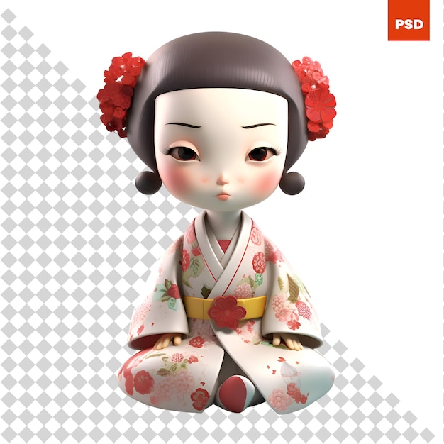 Representación 3d de una geisha japonesa aislada sobre fondo blanco