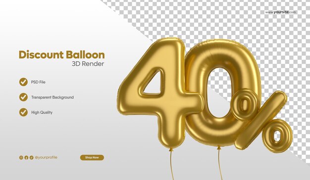 Representación 3d de globo de lámina dorada realista número 40 por ciento de descuento