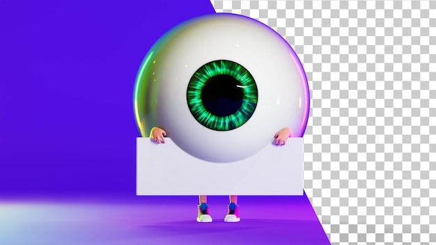 Representación 3d del globo ocular de dibujos animados el ojo del personaje tiene un cartel vacío para el texto concepto de oftalmología