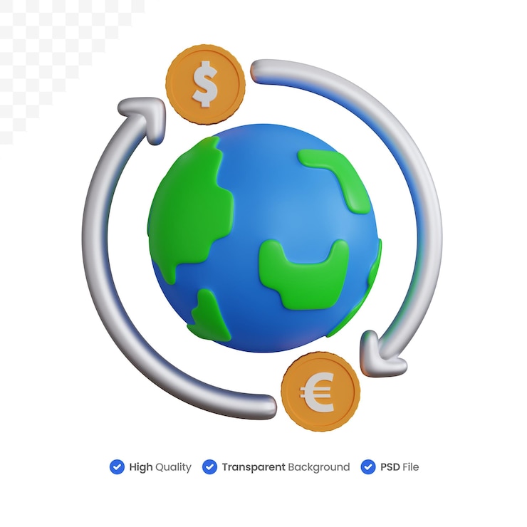 PSD representación 3d globo terráqueo con intercambio de monedas de dólar y euro aislado