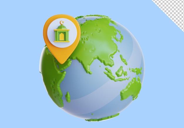 Representación 3d de un globo terráqueo con un mapa que dice mezquita en él