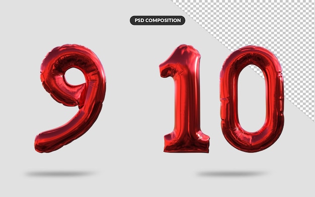 Representación 3D de globos de números y símbolos