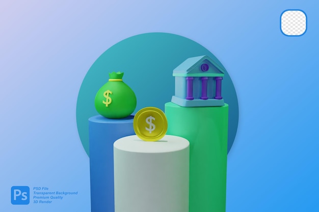 Representación 3D de gráficos de barras financieros de 3 colores