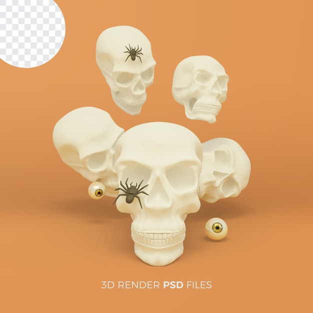 Representación 3d de halloween con ilustración de calavera y araña