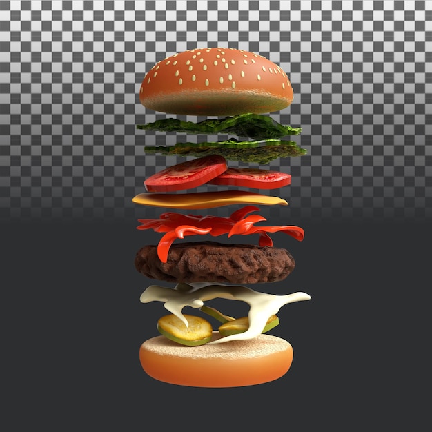 Representación 3d de hamburguesas simétricas aisladas sobre fondo transparente. ilustración de procesamiento 3d.