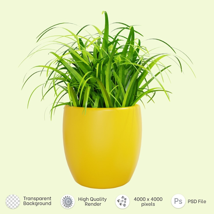 PSD representación 3d de una hermosa planta de hierba en una maceta de cerámica amarilla