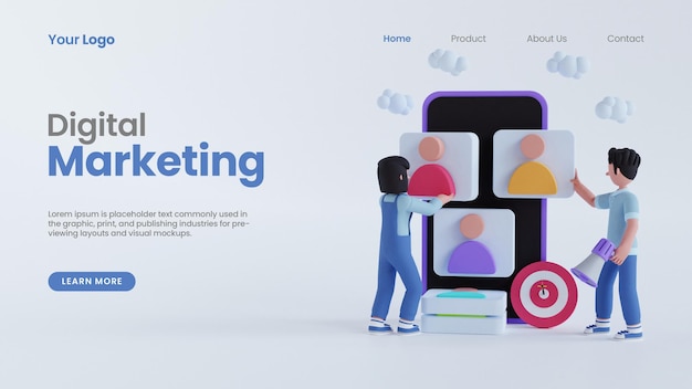 Representación 3d hombre y mujer personaje concepto de marketing digital en línea plantilla psd de página de destino