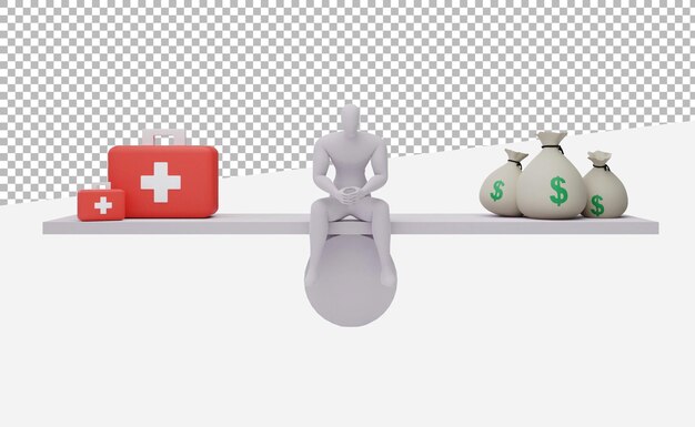 PSD representación 3d del hombre de negocios que equilibra la salud y el trabajo, la salud y la ilustración de comparación de trabajo