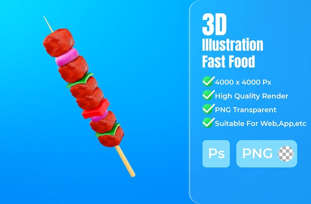 Representación 3d del icono de comida rápida de carne de brocheta