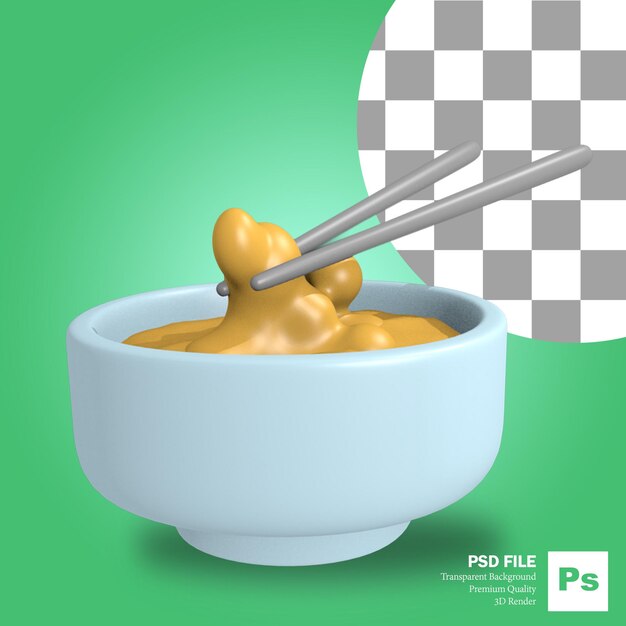 Representación 3D del icono de objeto de tazón con comida y palillos