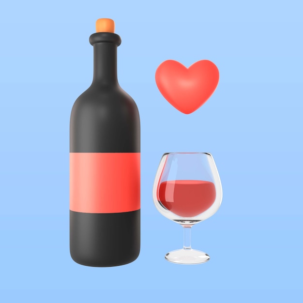 Representación 3d del icono del vino del día de san valentín