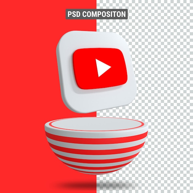 Representación 3d del icono de youtube en el podio en blaster rojo