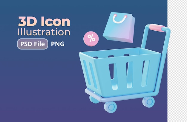 PSD representación 3d de los iconos de ilustración del carro de compras gradient trolley para diseños de anuncios de redes sociales web