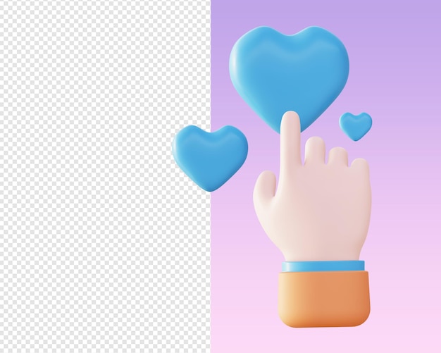 Representación 3d de iconos de ilustración de corazón de amor tocando la mano para diseños de anuncios de aplicaciones móviles web ui ux