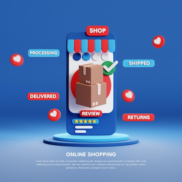 Representación 3d de ilustración 3d de compras en línea