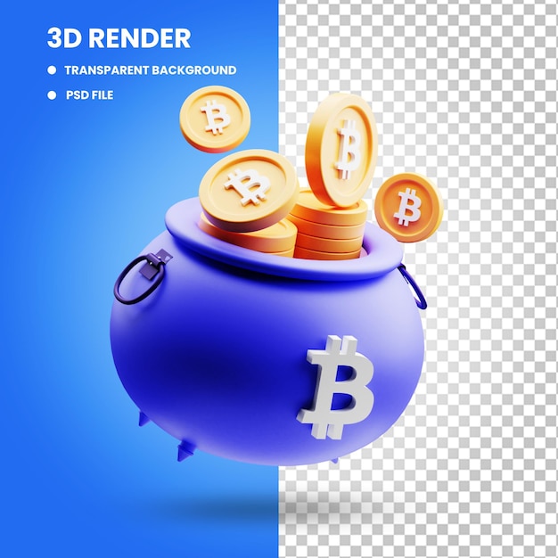 Representación 3d de la ilustración de bitcoin en una olla