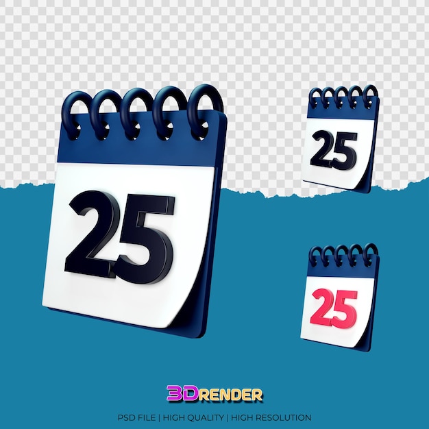 Representación 3d de la ilustración del calendario de fecha 25 en negro y rojo