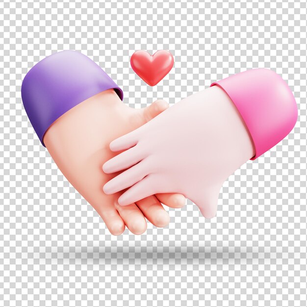 Representación 3D de la ilustración del concepto de mano de San Valentín con el gesto de una pareja cogidos de la mano