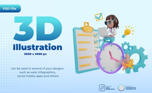 Representación 3d de la ilustración de gestión del tiempo