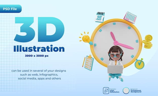 Representación 3d de la ilustración de gestión del tiempo