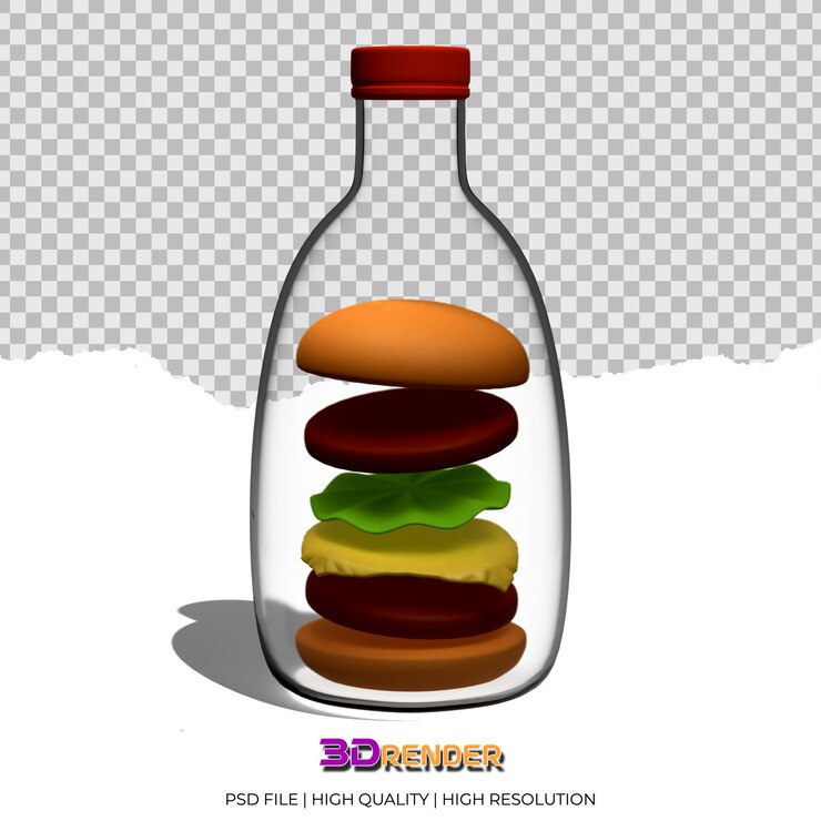 PSD representación 3d de la ilustración de la hamburguesa en una botella