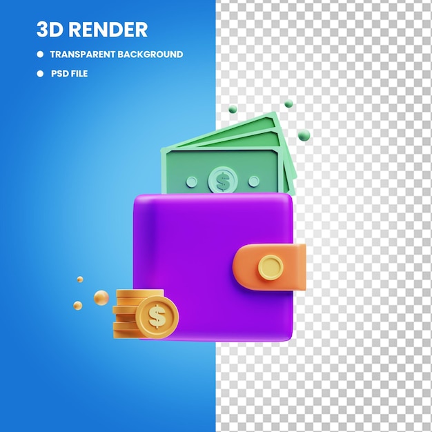 Representación 3d de la ilustración del icono del concepto financiero de la cartera de dinero