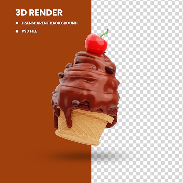 Representación 3d de la ilustración del icono de helado de chocolate derretido con cerezas en él