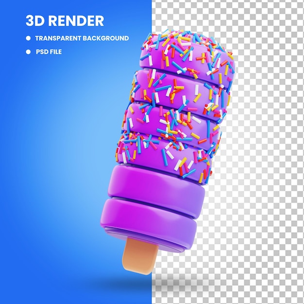 Representación 3d de la ilustración del icono de helado púrpura con palo y chispas